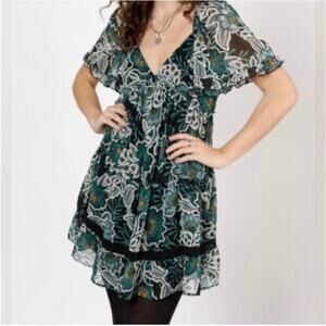Whimsigoth Moody Floral Chiffon Mini Dress -V-Neck Babydoll Size XS
